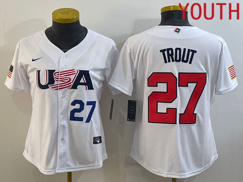 Youth 2023 World Cub USA #27 Trout White MLB Jersey5